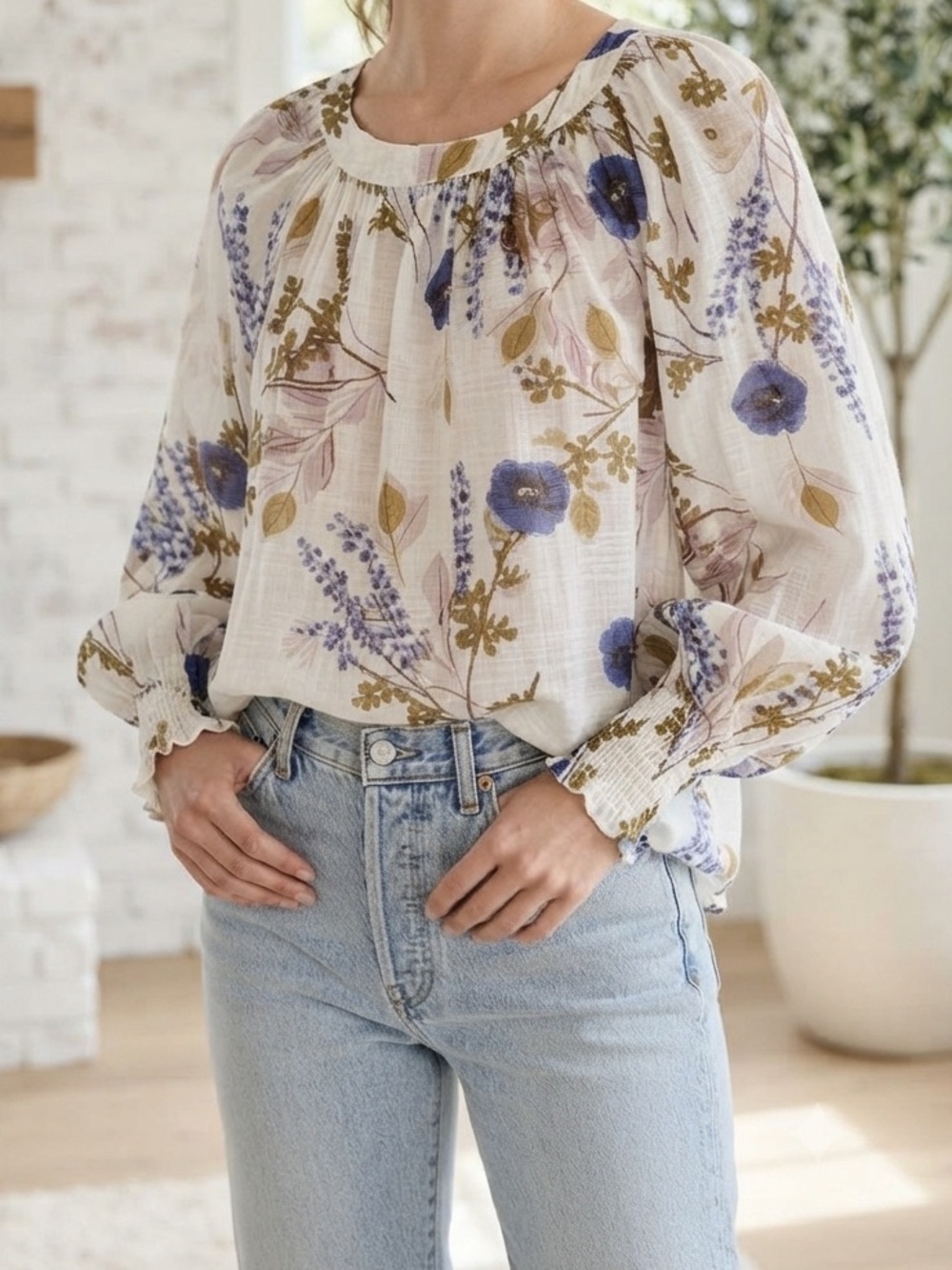 Floral Smocked Long Sleeve Blouse White Blue Purple Boho Peasant💛